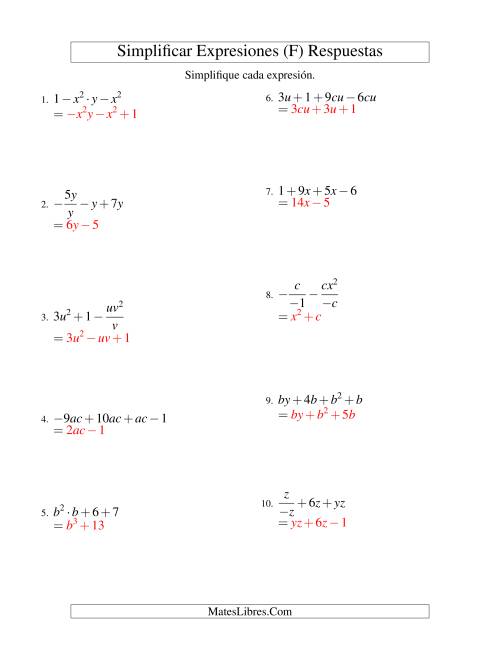 La hoja de ejercicios de Simplificar Expresiones Algebraicas, Todas las Operaciones, Dos Variables, Cuatro Términos (F) Página 2