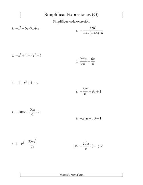 La hoja de ejercicios de Simplificar Expresiones Algebraicas, Todas las Operaciones, Dos Variables, Cuatro Términos (G)