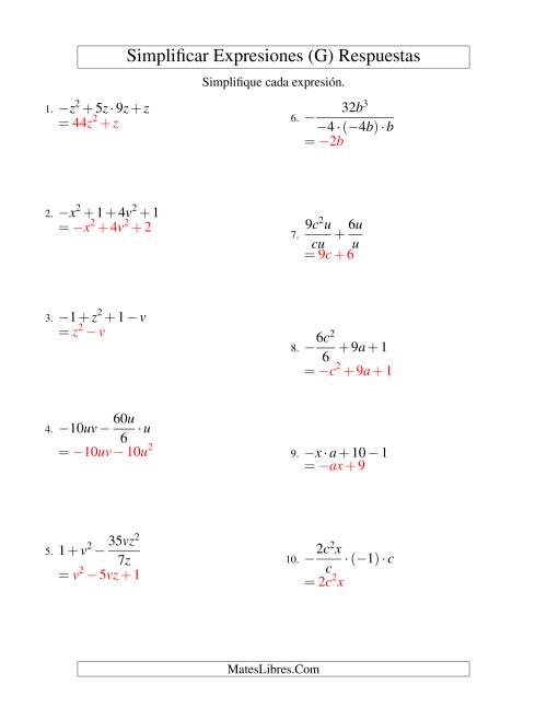 La hoja de ejercicios de Simplificar Expresiones Algebraicas, Todas las Operaciones, Dos Variables, Cuatro Términos (G) Página 2