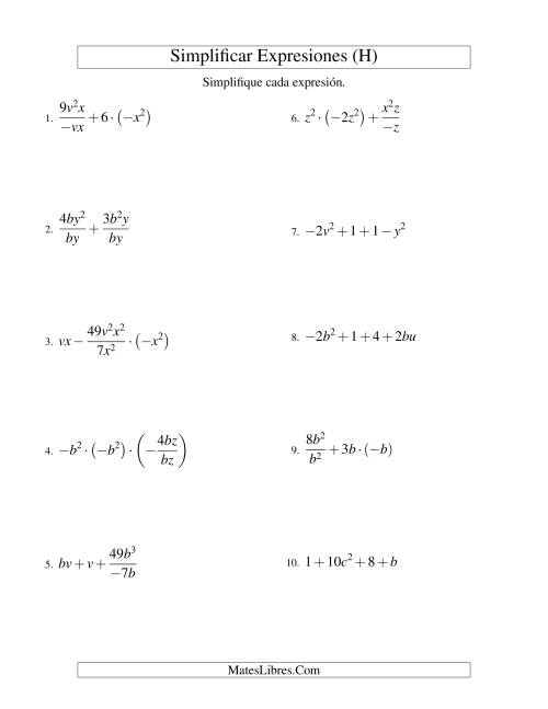 La hoja de ejercicios de Simplificar Expresiones Algebraicas, Todas las Operaciones, Dos Variables, Cuatro Términos (H)