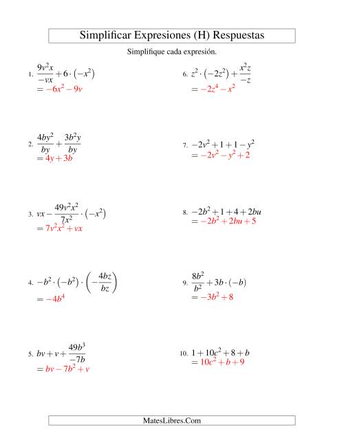 La hoja de ejercicios de Simplificar Expresiones Algebraicas, Todas las Operaciones, Dos Variables, Cuatro Términos (H) Página 2