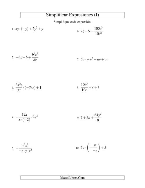 La hoja de ejercicios de Simplificar Expresiones Algebraicas, Todas las Operaciones, Dos Variables, Cuatro Términos (I)