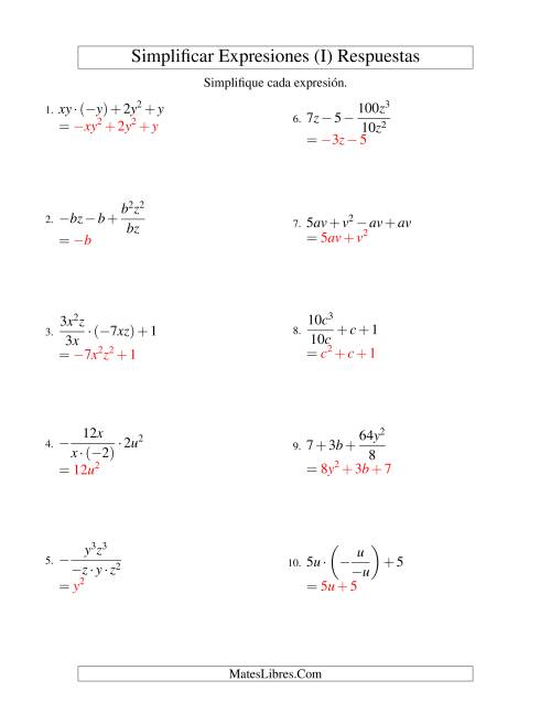 La hoja de ejercicios de Simplificar Expresiones Algebraicas, Todas las Operaciones, Dos Variables, Cuatro Términos (I) Página 2