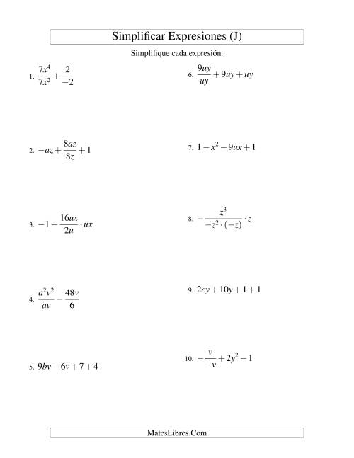La hoja de ejercicios de Simplificar Expresiones Algebraicas, Todas las Operaciones, Dos Variables, Cuatro Términos (J)