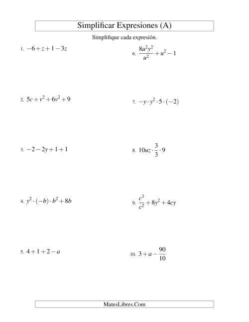 La hoja de ejercicios de Simplificar Expresiones Algebraicas, Todas las Operaciones, Dos Variables, Cuatro Términos (Todas)