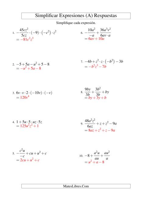 La hoja de ejercicios de Simplificar Expresiones Algebraicas, Todas las Operaciones, Dos Variables, Cinco Términos (A) Página 2