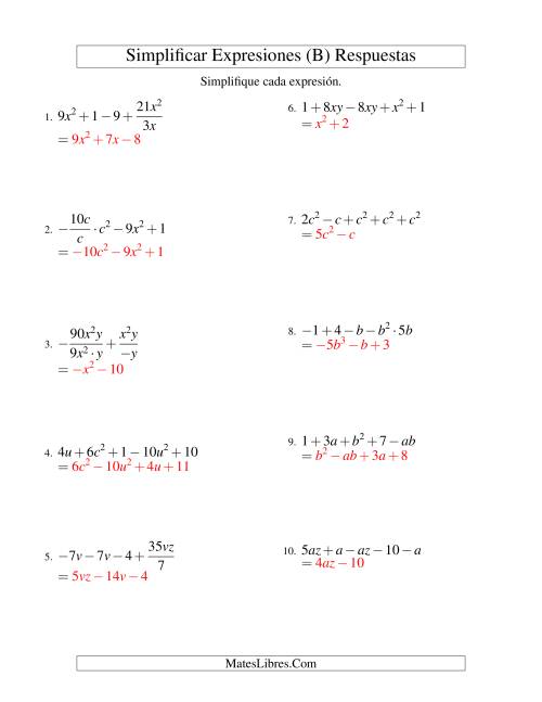 La hoja de ejercicios de Simplificar Expresiones Algebraicas, Todas las Operaciones, Dos Variables, Cinco Términos (B) Página 2