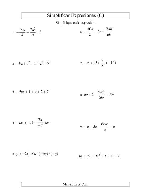 La hoja de ejercicios de Simplificar Expresiones Algebraicas, Todas las Operaciones, Dos Variables, Cinco Términos (C)