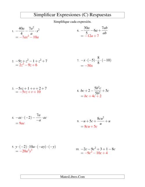 La hoja de ejercicios de Simplificar Expresiones Algebraicas, Todas las Operaciones, Dos Variables, Cinco Términos (C) Página 2