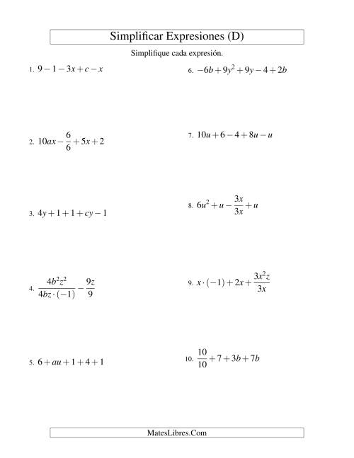 La hoja de ejercicios de Simplificar Expresiones Algebraicas, Todas las Operaciones, Dos Variables, Cinco Términos (D)