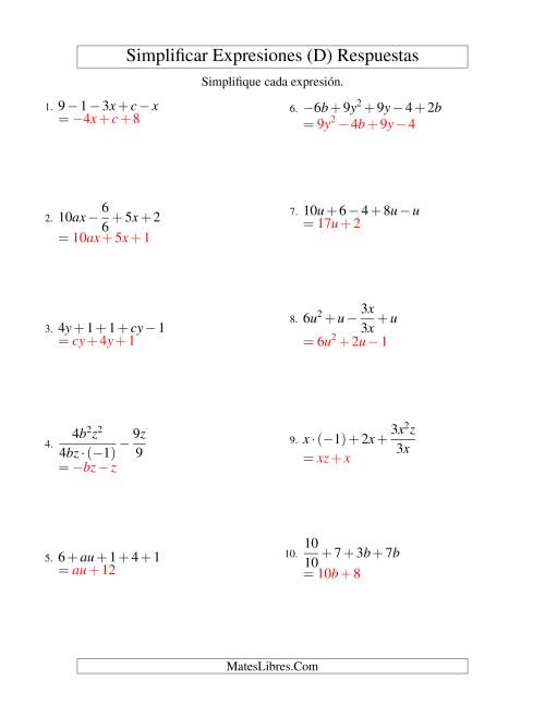 La hoja de ejercicios de Simplificar Expresiones Algebraicas, Todas las Operaciones, Dos Variables, Cinco Términos (D) Página 2