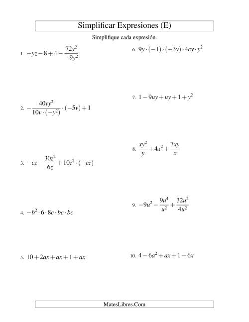 La hoja de ejercicios de Simplificar Expresiones Algebraicas, Todas las Operaciones, Dos Variables, Cinco Términos (E)
