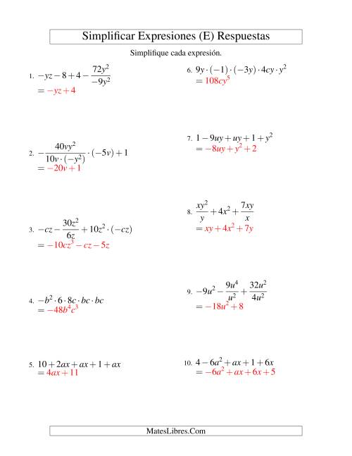 La hoja de ejercicios de Simplificar Expresiones Algebraicas, Todas las Operaciones, Dos Variables, Cinco Términos (E) Página 2