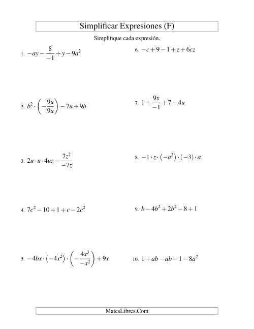 La hoja de ejercicios de Simplificar Expresiones Algebraicas, Todas las Operaciones, Dos Variables, Cinco Términos (F)