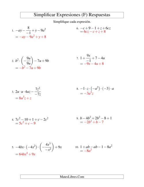 La hoja de ejercicios de Simplificar Expresiones Algebraicas, Todas las Operaciones, Dos Variables, Cinco Términos (F) Página 2