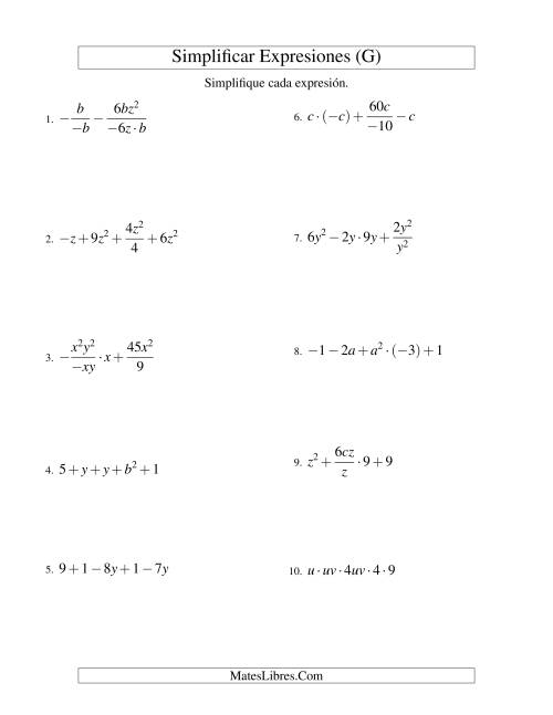 La hoja de ejercicios de Simplificar Expresiones Algebraicas, Todas las Operaciones, Dos Variables, Cinco Términos (G)