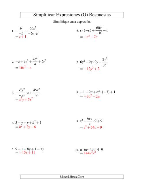 La hoja de ejercicios de Simplificar Expresiones Algebraicas, Todas las Operaciones, Dos Variables, Cinco Términos (G) Página 2