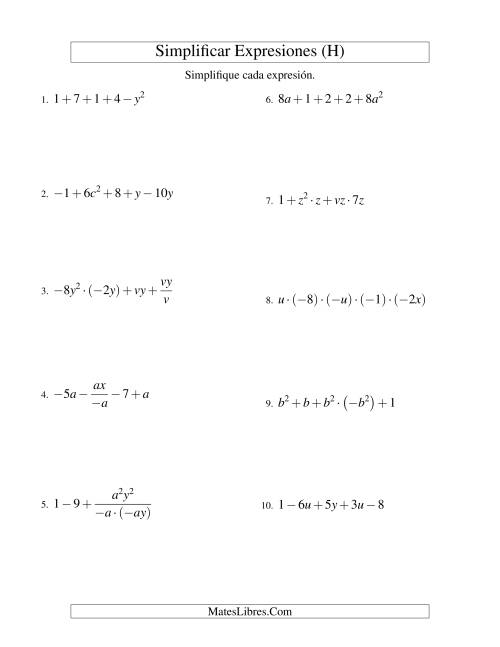 La hoja de ejercicios de Simplificar Expresiones Algebraicas, Todas las Operaciones, Dos Variables, Cinco Términos (H)