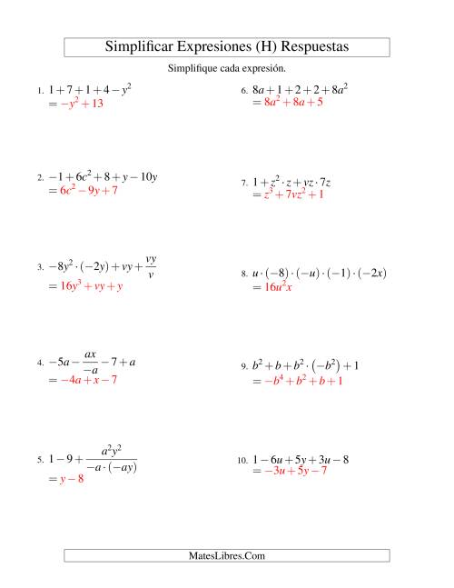 La hoja de ejercicios de Simplificar Expresiones Algebraicas, Todas las Operaciones, Dos Variables, Cinco Términos (H) Página 2