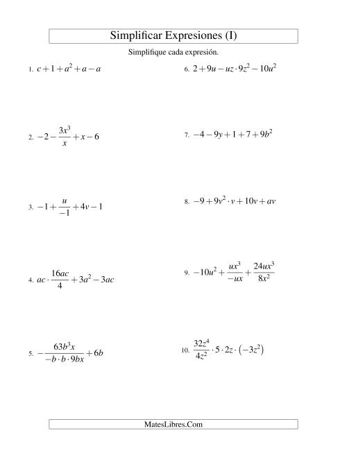 La hoja de ejercicios de Simplificar Expresiones Algebraicas, Todas las Operaciones, Dos Variables, Cinco Términos (I)