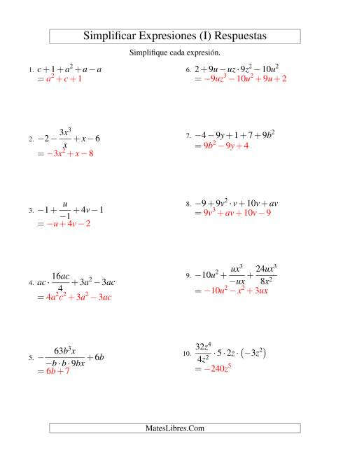 La hoja de ejercicios de Simplificar Expresiones Algebraicas, Todas las Operaciones, Dos Variables, Cinco Términos (I) Página 2