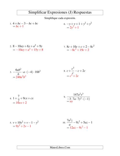 La hoja de ejercicios de Simplificar Expresiones Algebraicas, Todas las Operaciones, Dos Variables, Cinco Términos (J) Página 2