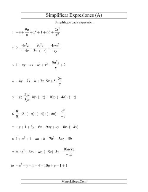 La hoja de ejercicios de Simplificar Expresiones Algebraicas, Todas las Operaciones, Reto (A)