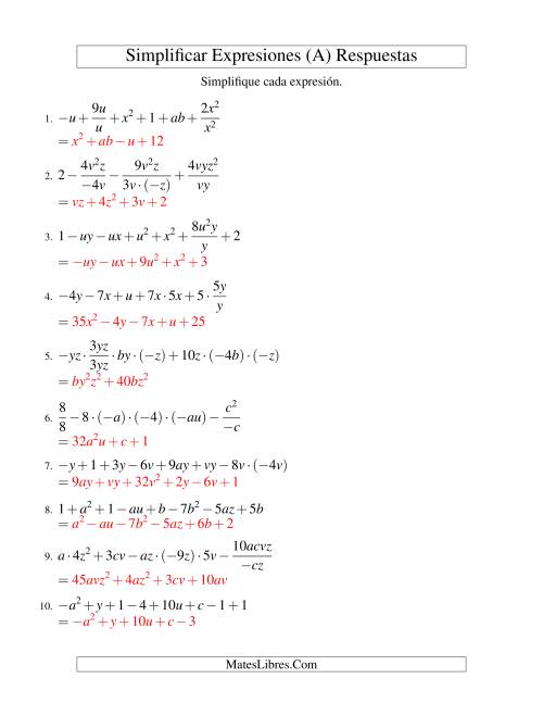La hoja de ejercicios de Simplificar Expresiones Algebraicas, Todas las Operaciones, Reto (A) Página 2