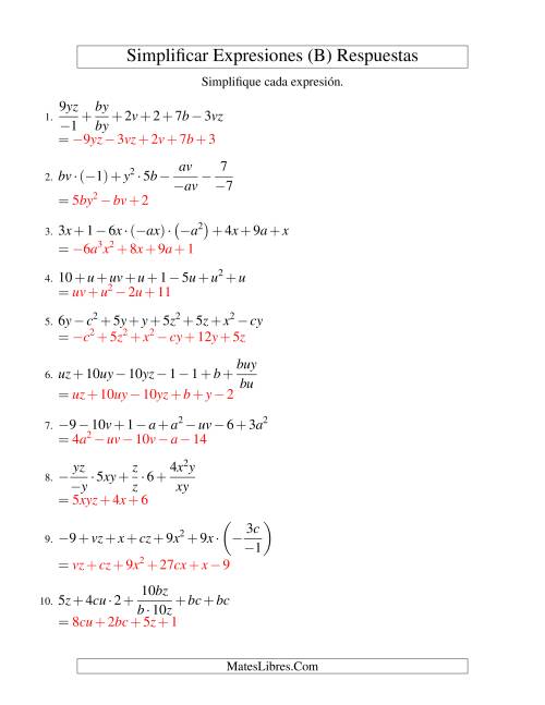 La hoja de ejercicios de Simplificar Expresiones Algebraicas, Todas las Operaciones, Reto (B) Página 2