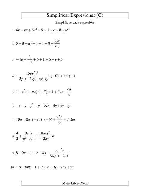 La hoja de ejercicios de Simplificar Expresiones Algebraicas, Todas las Operaciones, Reto (C)