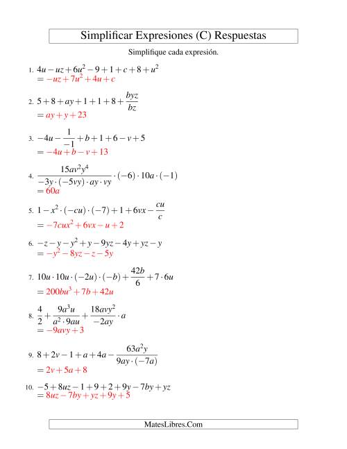 La hoja de ejercicios de Simplificar Expresiones Algebraicas, Todas las Operaciones, Reto (C) Página 2