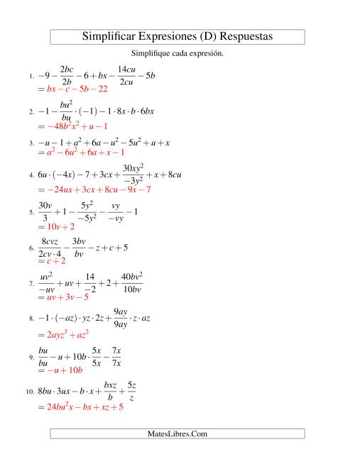 La hoja de ejercicios de Simplificar Expresiones Algebraicas, Todas las Operaciones, Reto (D) Página 2