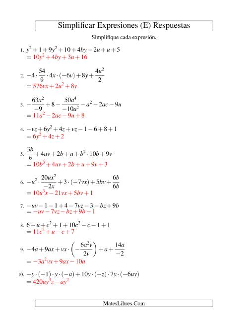 La hoja de ejercicios de Simplificar Expresiones Algebraicas, Todas las Operaciones, Reto (E) Página 2