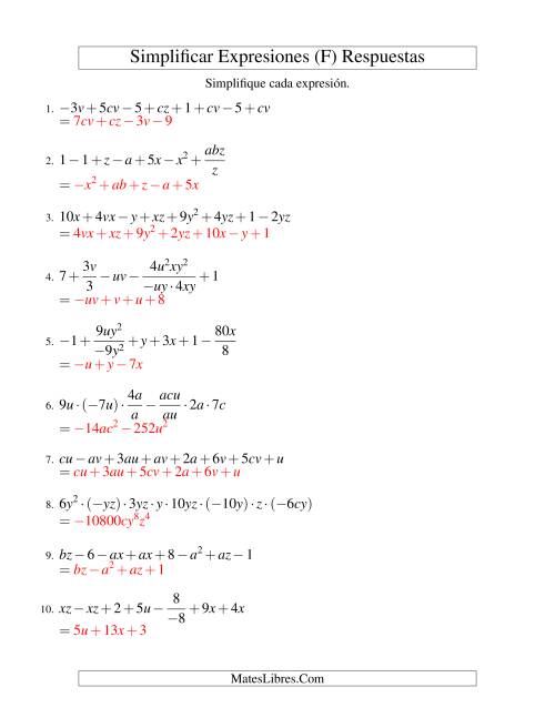 La hoja de ejercicios de Simplificar Expresiones Algebraicas, Todas las Operaciones, Reto (F) Página 2