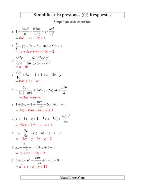 La hoja de ejercicios de Simplificar Expresiones Algebraicas, Todas las Operaciones, Reto (G) Página 2