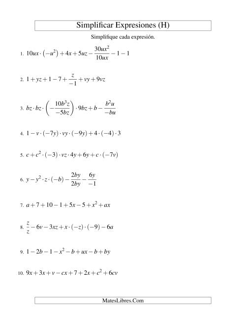 La hoja de ejercicios de Simplificar Expresiones Algebraicas, Todas las Operaciones, Reto (H)