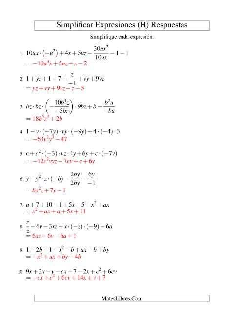 La hoja de ejercicios de Simplificar Expresiones Algebraicas, Todas las Operaciones, Reto (H) Página 2