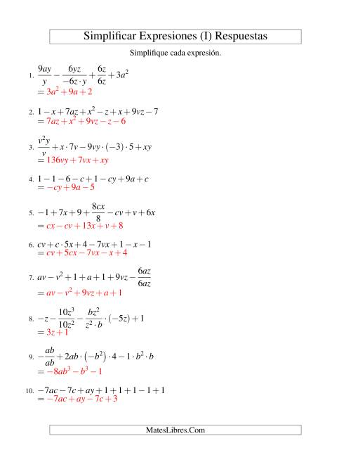 La hoja de ejercicios de Simplificar Expresiones Algebraicas, Todas las Operaciones, Reto (I) Página 2