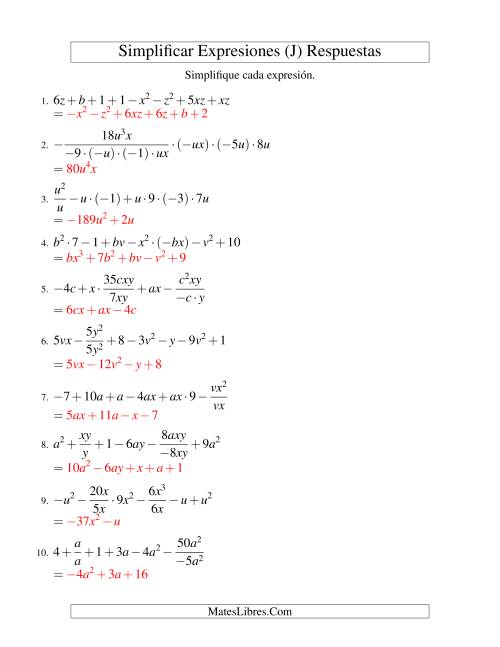 La hoja de ejercicios de Simplificar Expresiones Algebraicas, Todas las Operaciones, Reto (J) Página 2