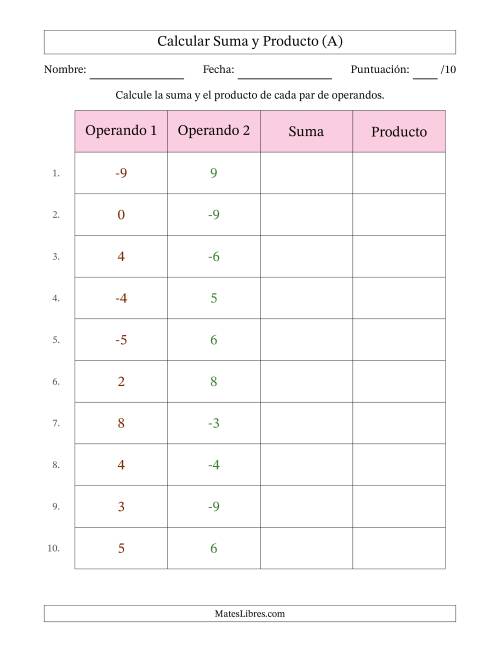La hoja de ejercicios de Calcular la Suma y el Producto (Rango de los Operandos de 0 a 9 Incluyendo Negativos) (A)