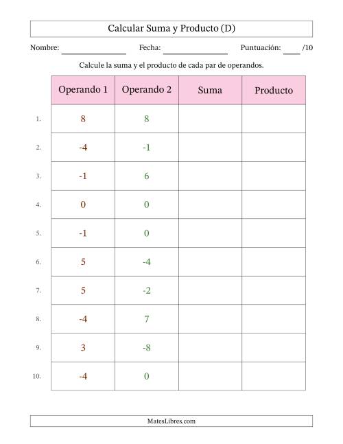 La hoja de ejercicios de Calcular la Suma y el Producto (Rango de los Operandos de 0 a 9 Incluyendo Negativos) (D)