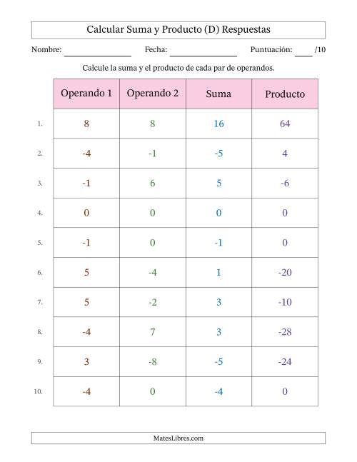 La hoja de ejercicios de Calcular la Suma y el Producto (Rango de los Operandos de 0 a 9 Incluyendo Negativos) (D) Página 2