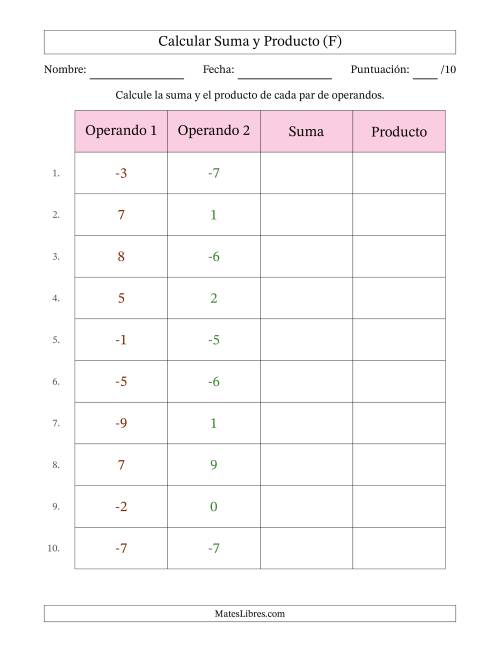 La hoja de ejercicios de Calcular la Suma y el Producto (Rango de los Operandos de 0 a 9 Incluyendo Negativos) (F)