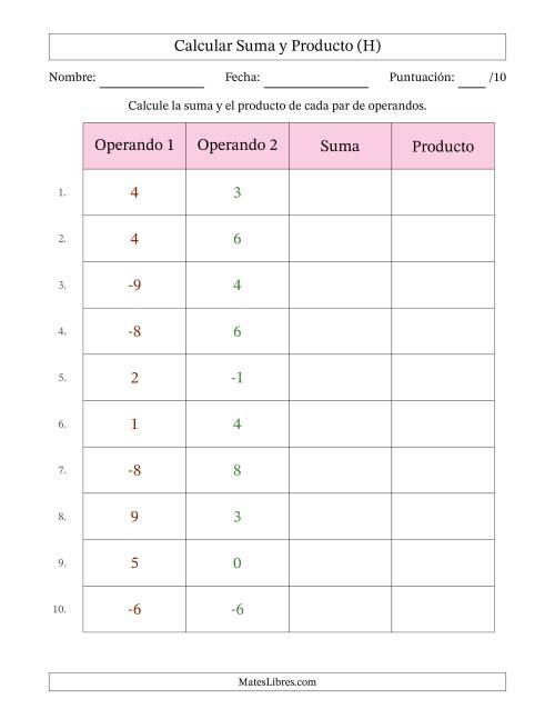 La hoja de ejercicios de Calcular la Suma y el Producto (Rango de los Operandos de 0 a 9 Incluyendo Negativos) (H)