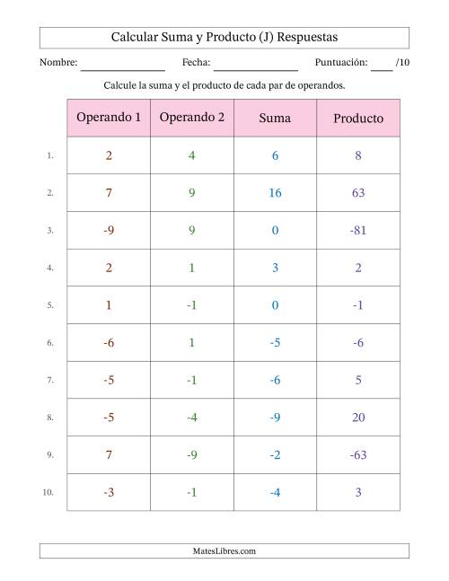La hoja de ejercicios de Calcular la Suma y el Producto (Rango de los Operandos de 0 a 9 Incluyendo Negativos) (J) Página 2