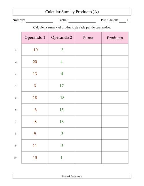 La hoja de ejercicios de Calcular la Suma y el Producto (Rango de los Operandos de 0 a 20 Incluyendo Negativos) (A)