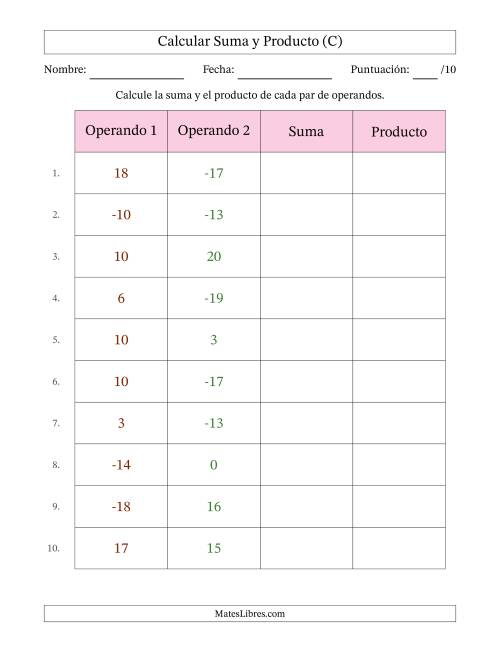 La hoja de ejercicios de Calcular la Suma y el Producto (Rango de los Operandos de 0 a 20 Incluyendo Negativos) (C)