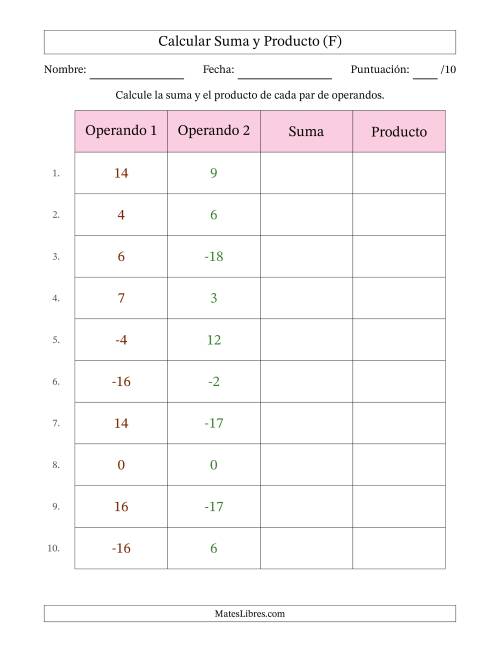 La hoja de ejercicios de Calcular la Suma y el Producto (Rango de los Operandos de 0 a 20 Incluyendo Negativos) (F)