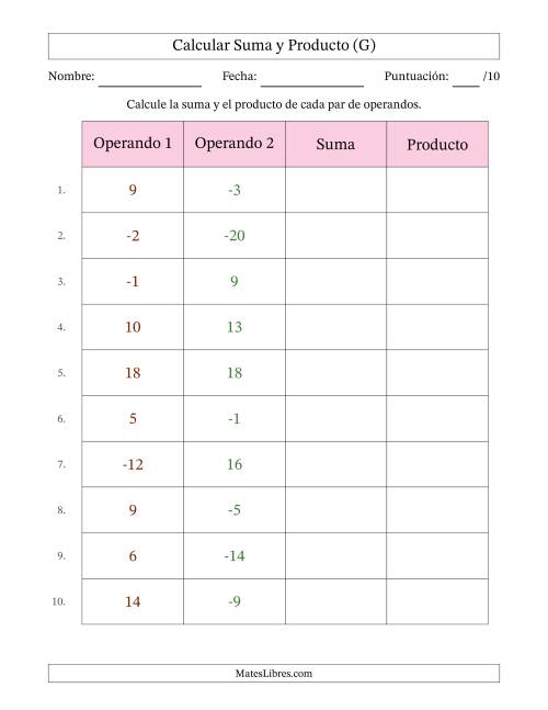 La hoja de ejercicios de Calcular la Suma y el Producto (Rango de los Operandos de 0 a 20 Incluyendo Negativos) (G)