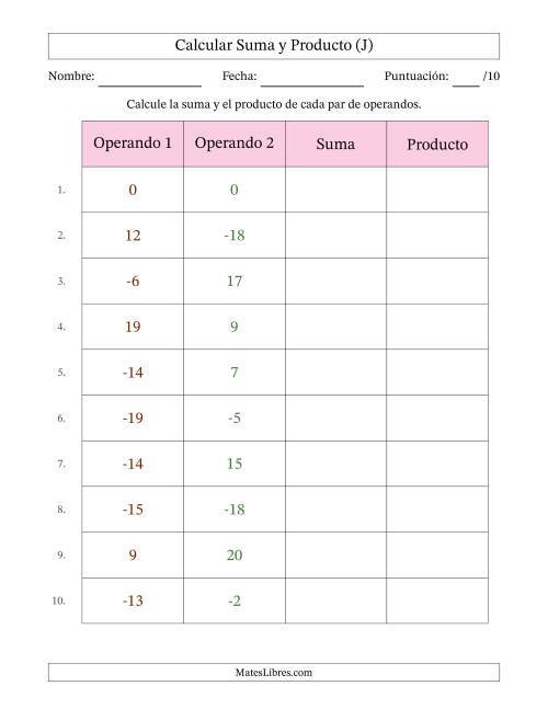 La hoja de ejercicios de Calcular la Suma y el Producto (Rango de los Operandos de 0 a 20 Incluyendo Negativos) (J)